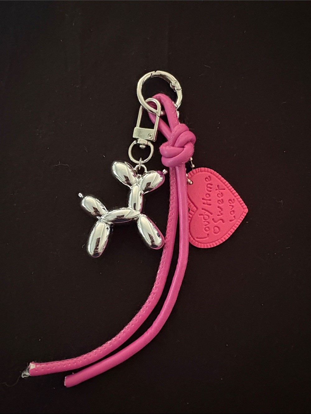 Bright Pink Heart Balloon Dog Charm Keychain Bag Charm with Silver Accents